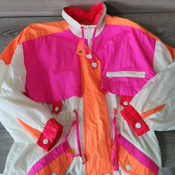East West Vintage Jacket Large Neon Pink Long Sleeve Nylon Zip Colorful Y2k - Picture 2 of 16